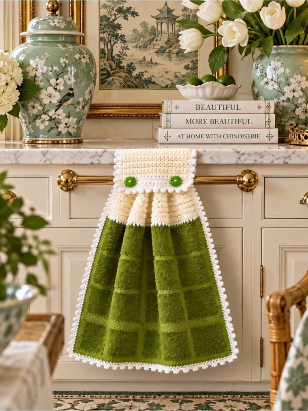 Handmade Chartreuse Olive Green Crochet Hanging Kitchen Towel